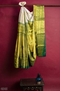 Off-White Banarasi Soft Silk Saree with Lime Green Zari Pallu and Kanjivaram-Style Border  in Surat