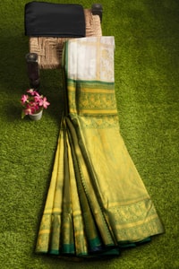Off-White Banarasi Soft Silk Saree with Lime Green Zari Pallu and Kanjivaram-Style Border  in Surat