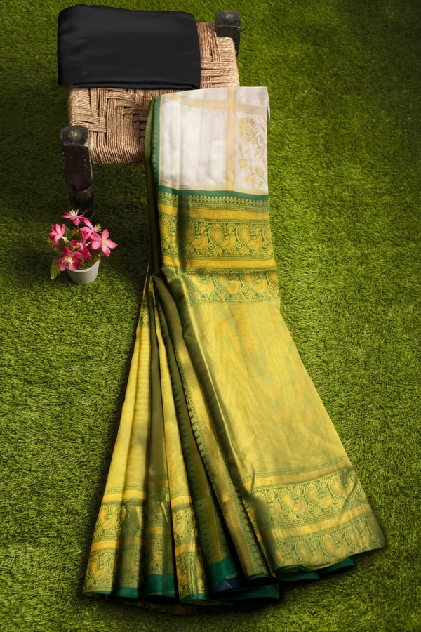 Off-White Banarasi Soft Silk Saree with Lime Green Zari Pallu and Kanjivaram-Style Border  in Surat