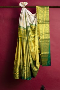 Off-White Banarasi Soft Silk Saree with Lime Green Zari Pallu and Kanjivaram-Style Border  in Surat