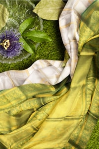 Off-White Banarasi Soft Silk Saree with Lime Green Zari Pallu and Kanjivaram-Style Border  in Surat