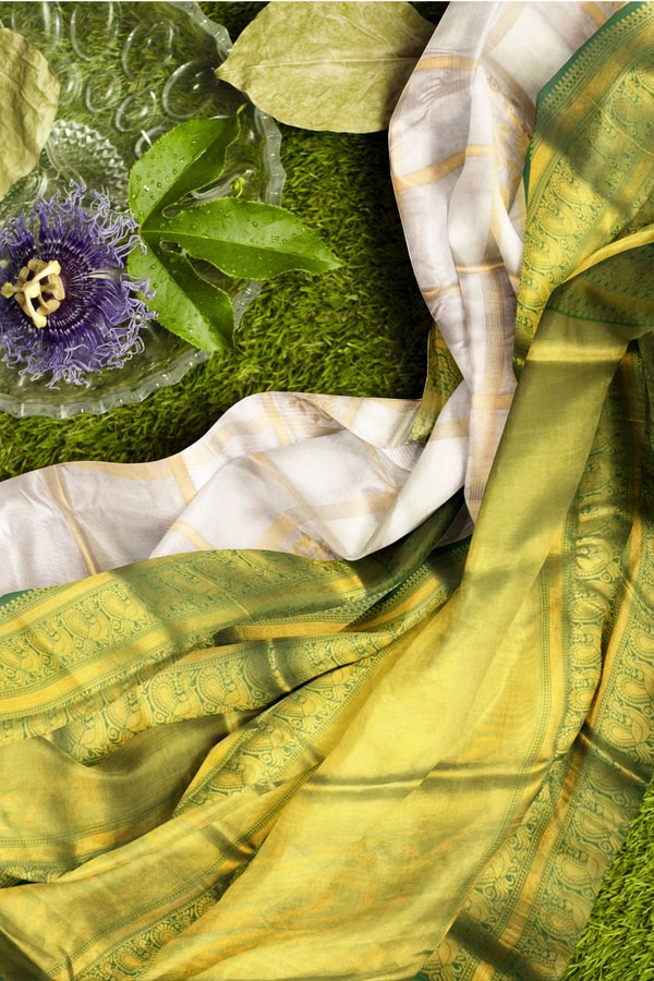 Off-White Banarasi Soft Silk Saree with Lime Green Zari Pallu and Kanjivaram-Style Border  in Surat