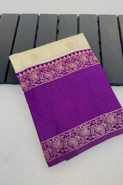 Off-White Banarasi Soft Silk Saree with Violet Zari Border and Gold Butti Body in Surat