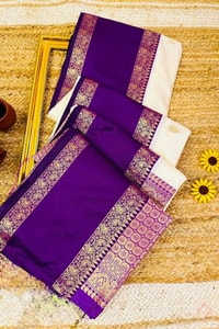 Off-White Banarasi Soft Silk Saree with Violet Zari Border and Gold Butti Body  in Surat