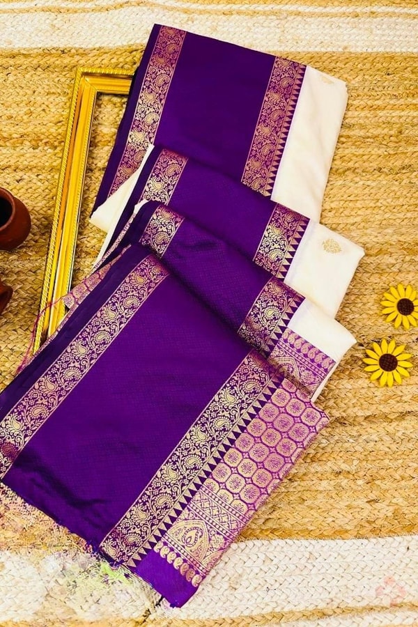 Off-White Banarasi Soft Silk Saree with Violet Zari Border and Gold Butti Body  in Surat