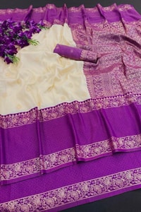 Off-White Banarasi Soft Silk Saree with Violet Zari Border and Gold Butti Body  in Surat