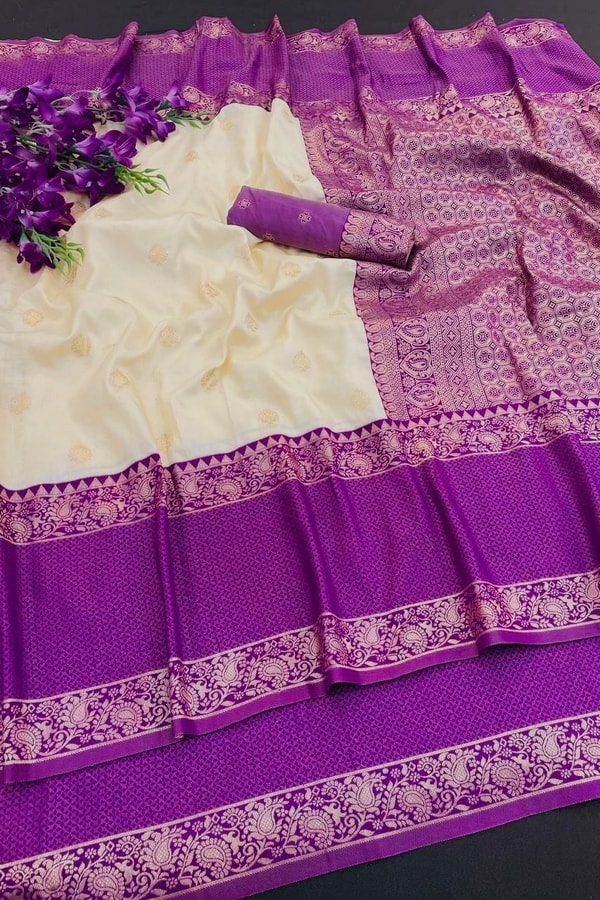 Off-White Banarasi Soft Silk Saree with Violet Zari Border and Gold Butti Body  in Surat