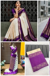 Off-White Banarasi Soft Silk Saree with Violet Zari Border and Gold Butti Body  in Surat