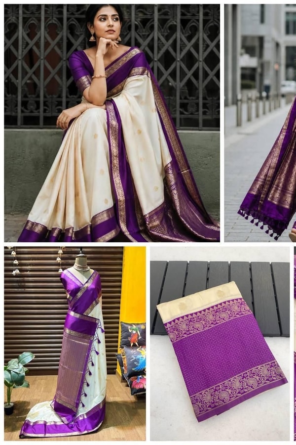 Off-White Banarasi Soft Silk Saree with Violet Zari Border and Gold Butti Body  in Surat