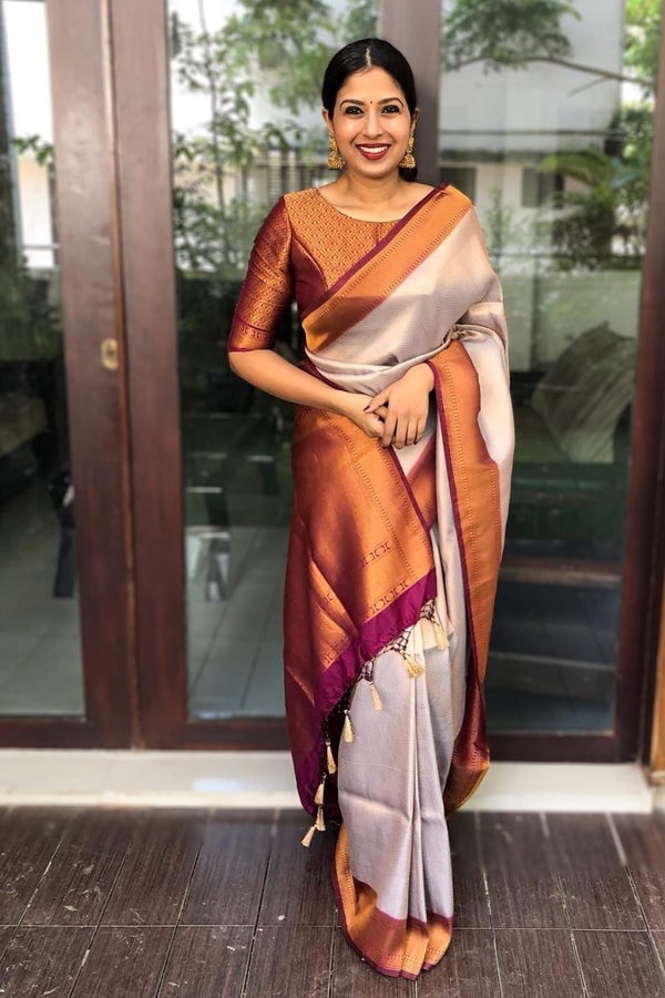 Off-White Banarasi Soft Silk Saree with Wide Copper Zari Border and Rich Copper Pallu  in Surat