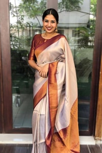 Off-White Banarasi Soft Silk Saree with Wide Copper Zari Border and Rich Copper Pallu  in Surat
