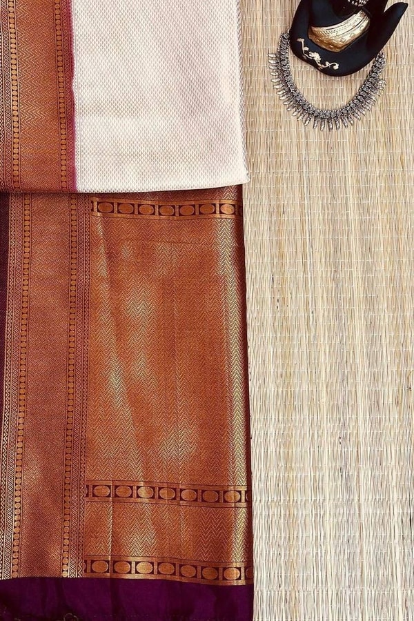 Off-White Banarasi Soft Silk Saree with Wide Copper Zari Border and Rich Copper Pallu  in Surat