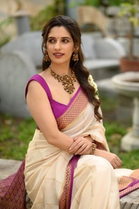 Off-White Kerala Style Banarasi Soft Silk Saree with Magenta Zari Border and Pinstripe Body  in Surat