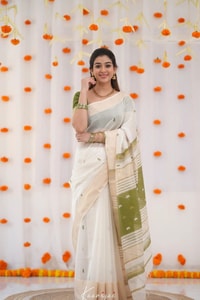 Off-White Saree with Silver Zari Contrast Border and Pallu in Green, Teal, Pink and Sky Blue  in Surat