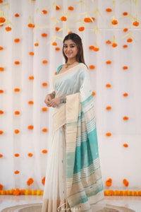 Off-White Saree with Silver Zari Contrast Border and Pallu in Green, Teal, Pink and Sky Blue  in Surat