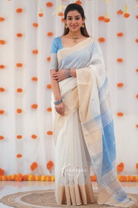 Off-White Saree with Silver Zari Contrast Border and Pallu in Green, Teal, Pink and Sky Blue  in Surat