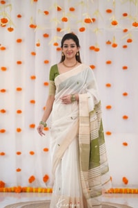 Off-White Saree with Silver Zari Contrast Border and Pallu in Green, Teal, Pink and Sky Blue  in Surat