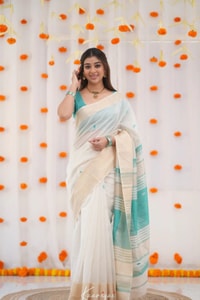 Off-White Saree with Silver Zari Contrast Border and Pallu in Green, Teal, Pink and Sky Blue  in Surat