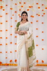 Off-White Saree with Silver Zari Contrast Border and Pallu in Green, Teal, Pink and Sky Blue  in Surat