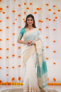 Off-White Saree with Silver Zari Contrast Border and Pallu in Green, Teal, Pink and Sky Blue  in Surat
