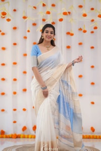Off-White Saree with Silver Zari Contrast Border and Pallu in Green, Teal, Pink and Sky Blue  in Surat