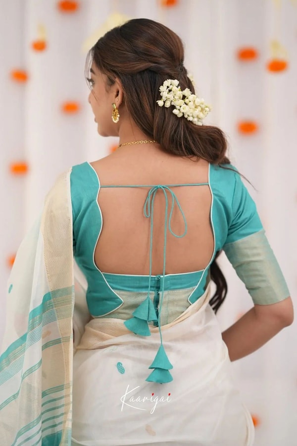 Off-White Saree with Silver Zari Contrast Border and Pallu in Green, Teal, Pink and Sky Blue  in Surat