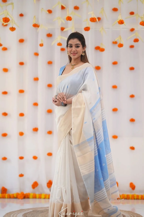 Off-White Saree with Silver Zari Contrast Border and Pallu in Green, Teal, Pink and Sky Blue  in Surat