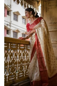 Off-White Soft Lichi Silk Saree with Red Jacquard Border and Gold Zari Butis  in Surat