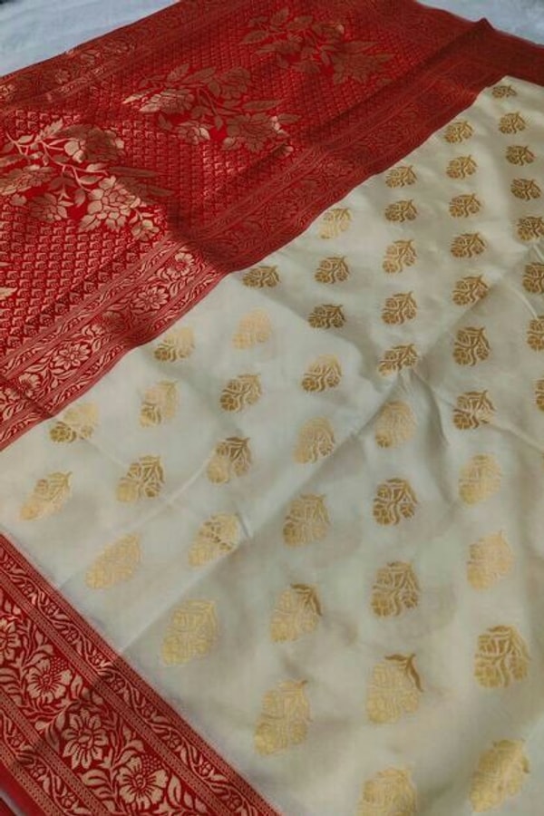 Off-White Soft Lichi Silk Saree with Red Jacquard Border and Gold Zari Butis  in Surat
