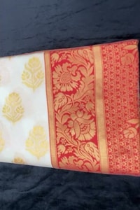 Off-White Soft Lichi Silk Saree with Red Jacquard Border and Gold Zari Butis  in Surat video 1
