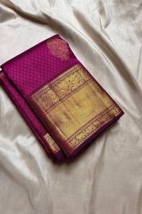 Off-White and Wine Banarasi Soft Silk Saree with Gold Zari Buttas and Wide Gold Border  in Surat