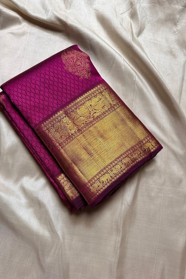 Off-White and Wine Banarasi Soft Silk Saree with Gold Zari Buttas and Wide Gold Border  in Surat