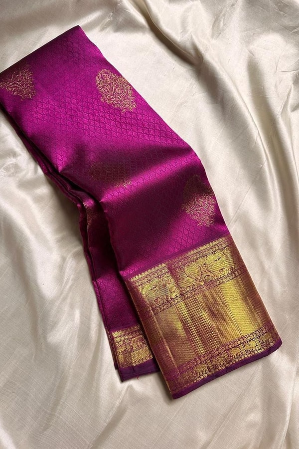 Off-White and Wine Banarasi Soft Silk Saree with Gold Zari Buttas and Wide Gold Border  in Surat