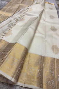 Off-White and Wine Banarasi Soft Silk Saree with Gold Zari Buttas and Wide Gold Border  in Surat