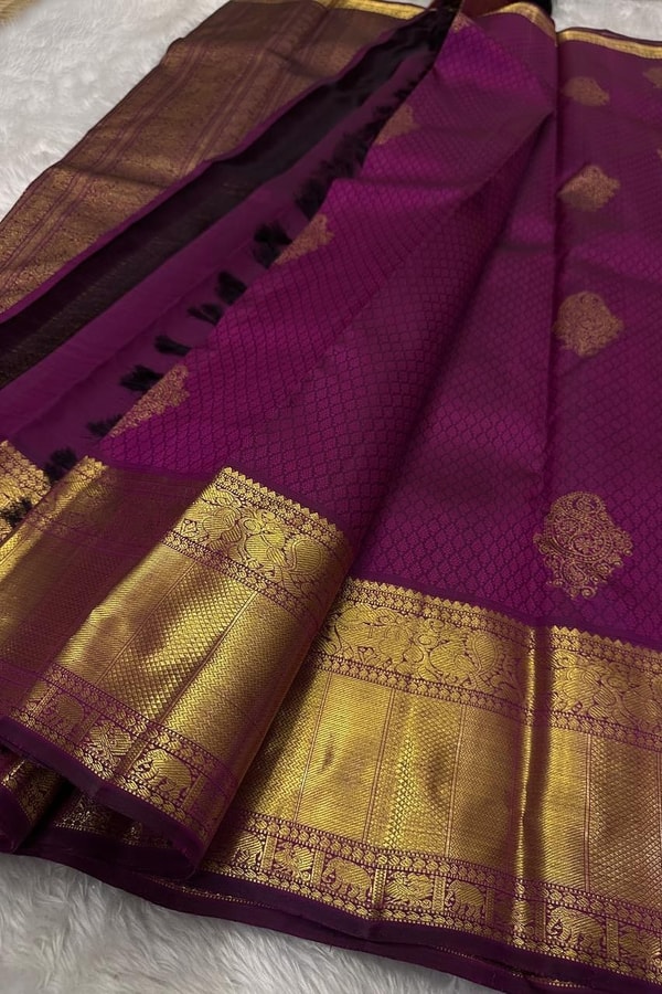 Off-White and Wine Banarasi Soft Silk Saree with Gold Zari Buttas and Wide Gold Border  in Surat
