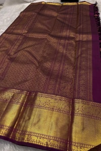 Off-White and Wine Banarasi Soft Silk Saree with Gold Zari Buttas and Wide Gold Border  in Surat