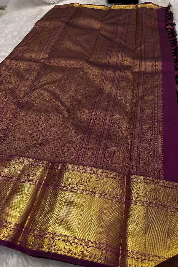 Off-White and Wine Banarasi Soft Silk Saree with Gold Zari Buttas and Wide Gold Border  in Surat