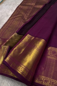 Off-White and Wine Banarasi Soft Silk Saree with Gold Zari Buttas and Wide Gold Border  in Surat