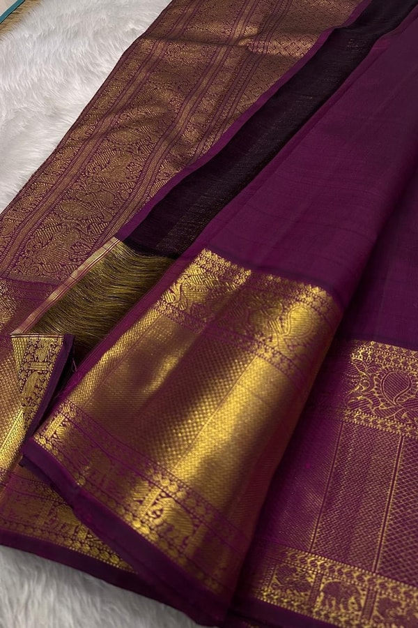 Off-White and Wine Banarasi Soft Silk Saree with Gold Zari Buttas and Wide Gold Border  in Surat