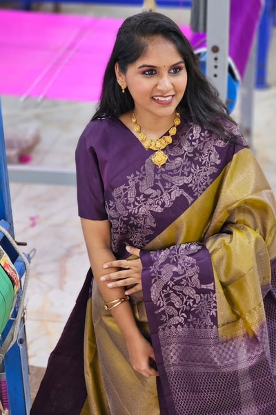 Olive Gold Banarasi Soft Silk Saree with Purple Brocade Border and Purple Zari Pallu in Surat