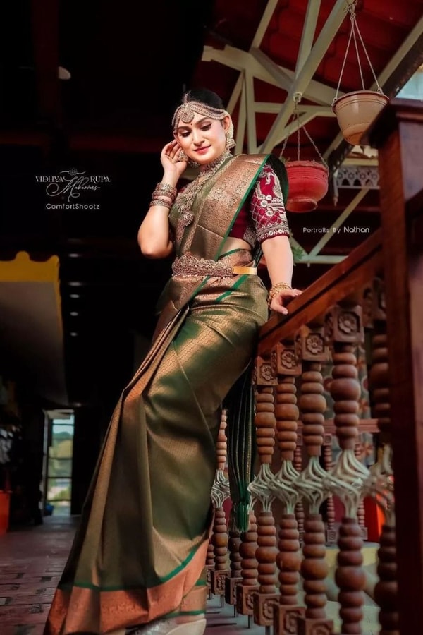 Olive Green Banarasi Soft Silk Saree with Copper Zari Jacquard Weave and Rich Pallu  in Surat