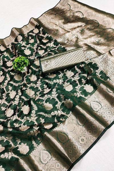 Organza Silk Saree with Golden Zari Floral Jaal and Zari Weaving Border in Surat