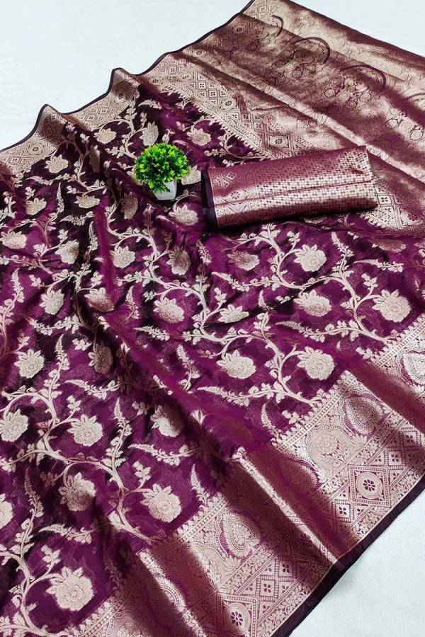 Organza Silk Saree with Golden Zari Floral Jaal and Zari Weaving Border  in Surat