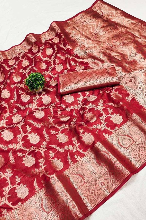 Organza Silk Saree with Golden Zari Floral Jaal and Zari Weaving Border  in Surat