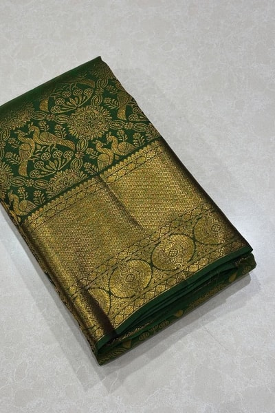 Parrot Green Banarasi Soft Silk Saree with All-Over Gold Zari Floral Brocade and Wide Border in Surat