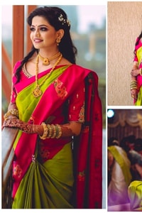 Parrot Green Soft Lichi Silk Saree with Rani Pink Border and Gold Zari Peacock Motifs  in Surat