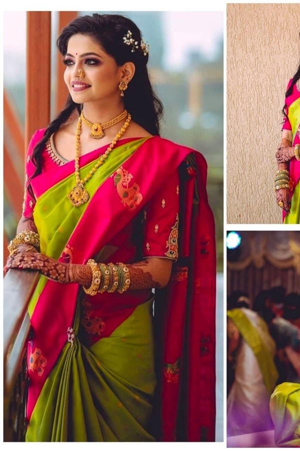 Parrot Green Soft Lichi Silk Saree with Rani Pink Border and Gold Zari Peacock Motifs  in Surat