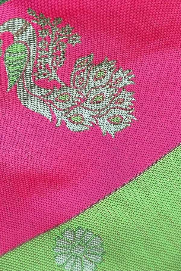 Parrot Green Soft Lichi Silk Saree with Rani Pink Border and Gold Zari Peacock Motifs  in Surat