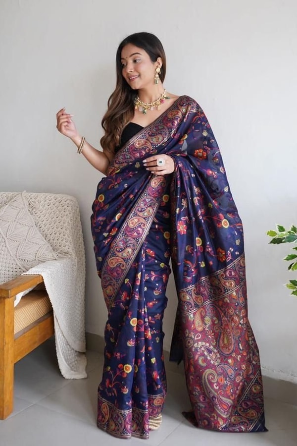 Pashmina Kachi Work Kashmiri Weave Banarasi Soft Silk Saree with Rich Pallu and Running Blouse  in Surat