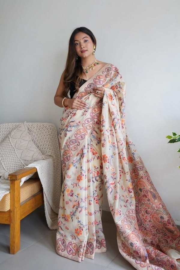 Pashmina Kachi Work Kashmiri Weave Banarasi Soft Silk Saree with Rich Pallu and Running Blouse  in Surat